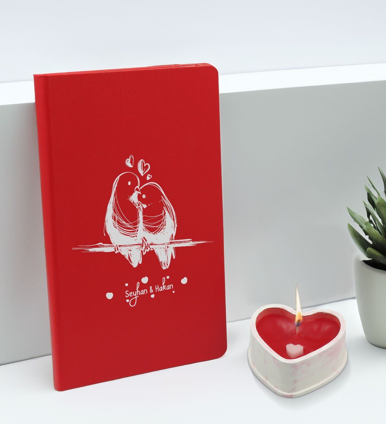 BK Gift Sevgililere Özel İsimli Kırmızı Defter ve Kalp Taş Obje Kokulu Mum Hediye Seti-1, Sevgiliye Hediye, Sevgililer Günü