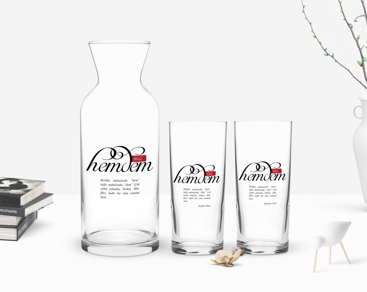 Kişiye Özel Renkli Baskılı Mânâ Hemdem Tasarımlı İkili Rakı Bardağı ve Karaf Hediye Seti-1