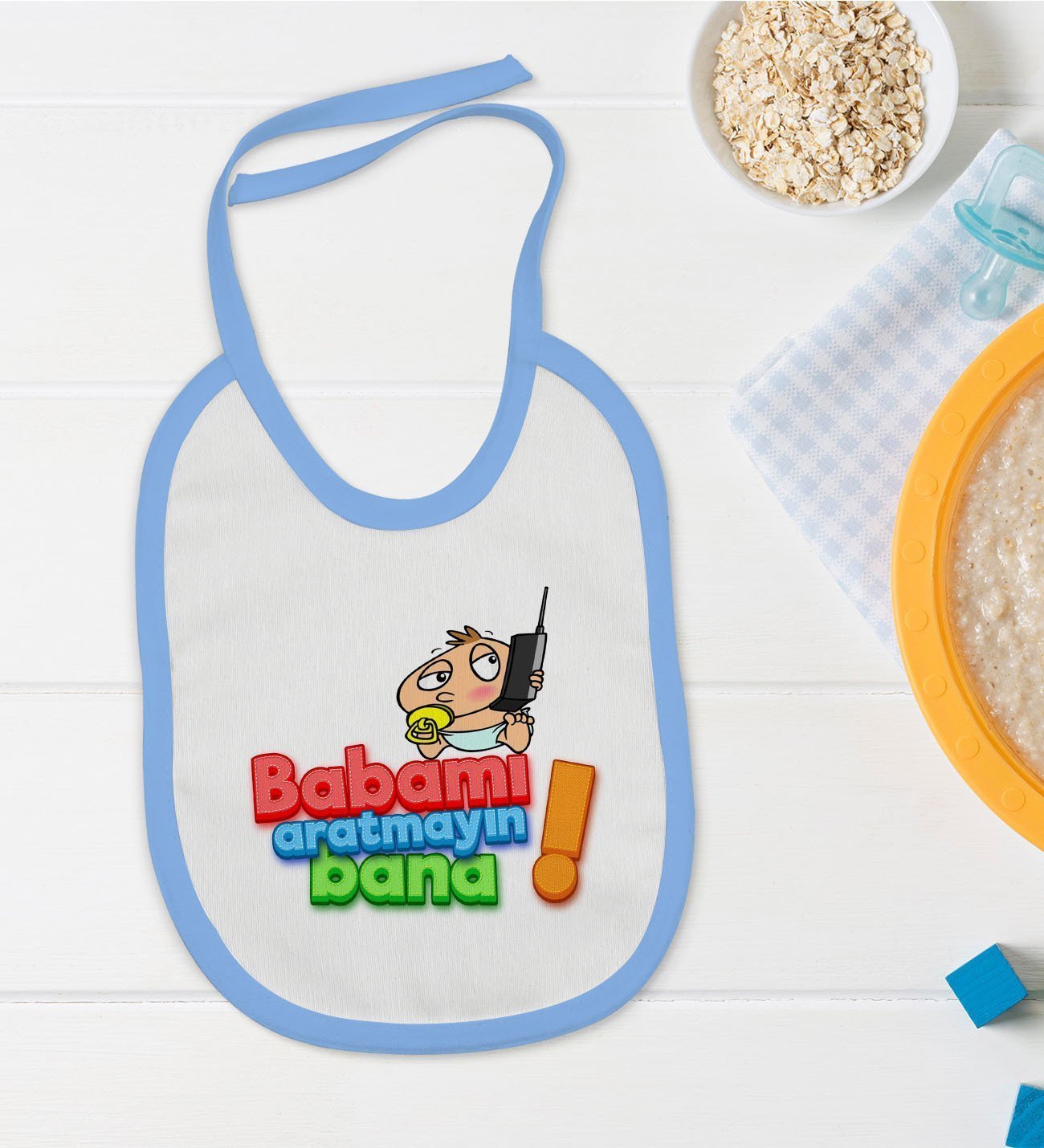 BK Kids Babamı Aratmayın Bana Tasarımlı Mavi Bebek Mama Önlüğü