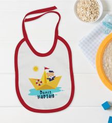BK Kids Kişiye Özel Sevimli Kaptan Tasarımlı Kırmızı Bebek Mama Önlüğü-1