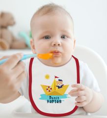 BK Kids Kişiye Özel Sevimli Kaptan Tasarımlı Kırmızı Bebek Mama Önlüğü-1