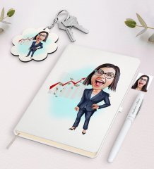 Kişiye Özel Kadın Patron Karikatürlü Beyaz Defter Kalem ve Anahtarlık Hediye Seti-1
