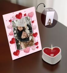 BK Gift Sevgililere Özel Fotoğraflı Dekoratif Çerçeve ve Kalp Taş Obje Kokulu Mum Hediye Seti, Sevgiliye Hediye, Sevgililer Günü