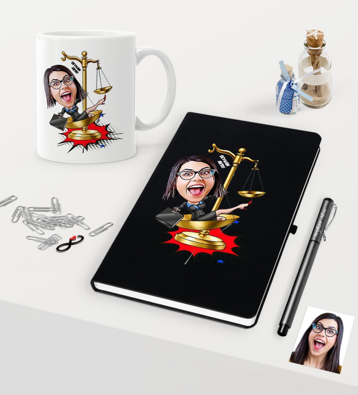 Kişiye Özel Bayan Avukat Karikatürlü Siyah Defter Kalem Kupa Seti - 4