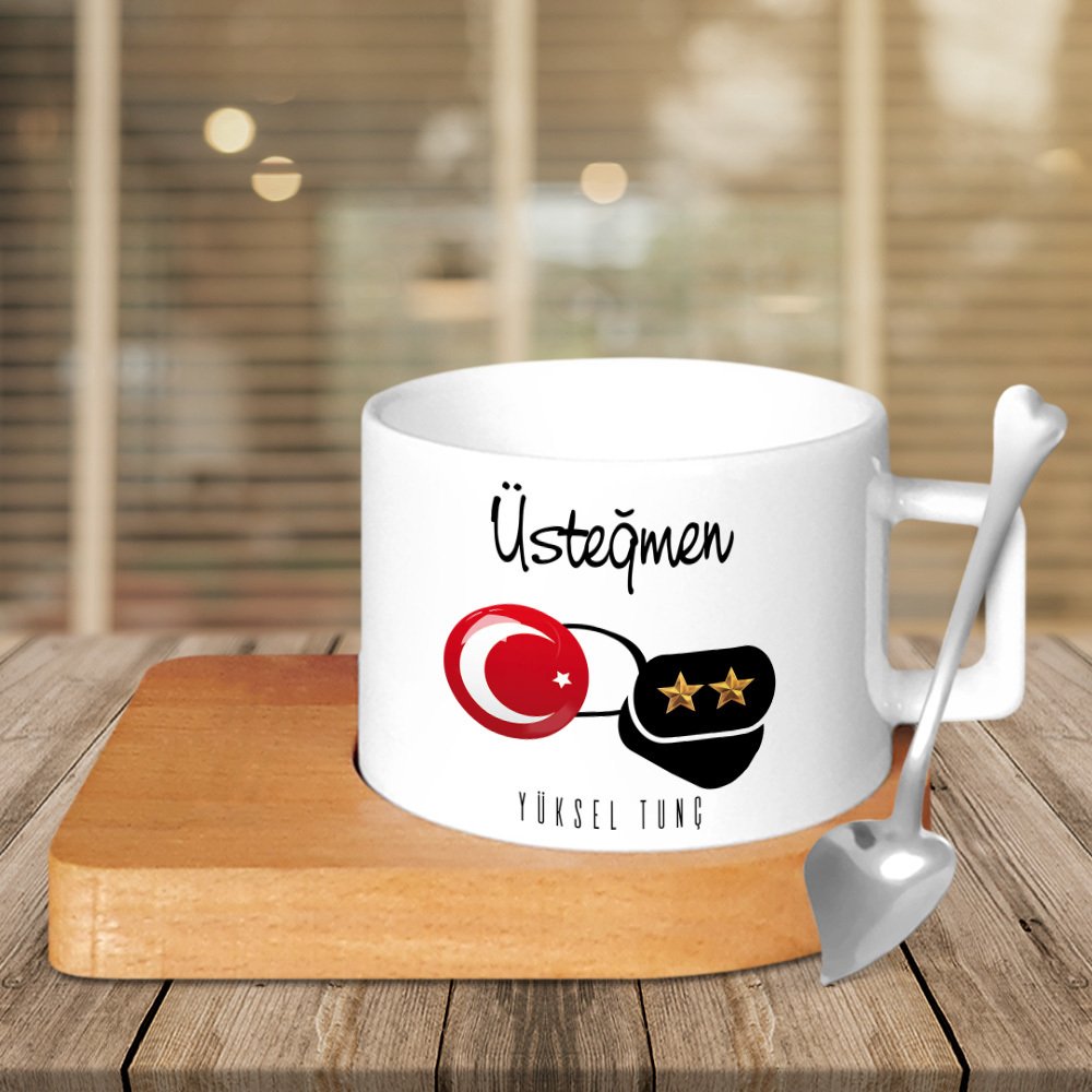 Kişiye Özel Mesleki Üsteğmen Ahşap Altlıklı Seramik Fincan