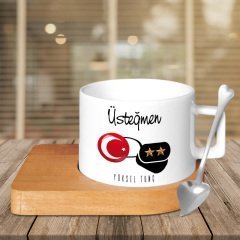 Kişiye Özel Mesleki Üsteğmen Ahşap Altlıklı Seramik Fincan
