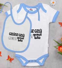 BK Kids Gelüse Gelü Tasarımlı Mavi Bebek Body Zıbın ve Mama Önlüğü Hediye Seti-1