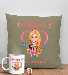BK Gift Kişiye Özel Karikatürlü Anneler Günü Tasarımlı Haki Kırlent Yastık ve Kupa Seti, Anneye Hediye, Ev Dekorasyonu, Anneler Günü Hediyesi-5