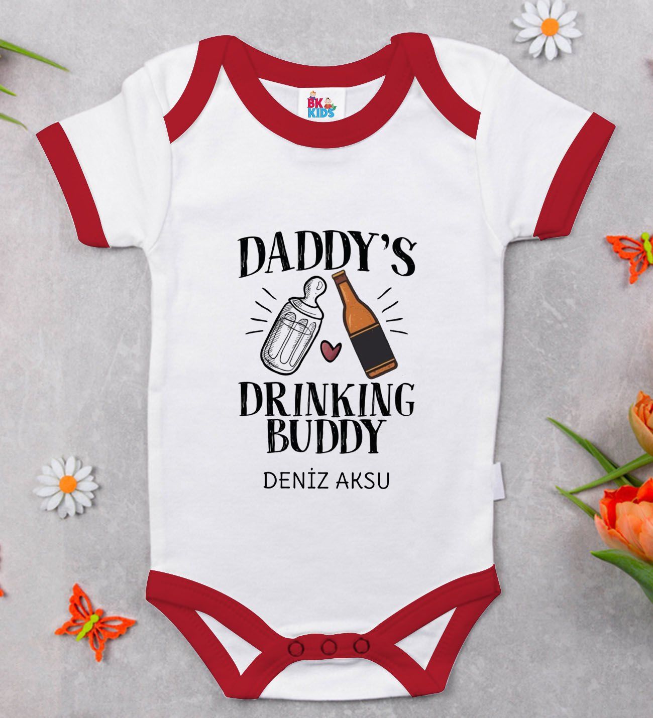 BK Kids Kişiye Özel Daddy's Drinking Buddy Tasarımlı Kırmızı Bebek Body Zıbın-2