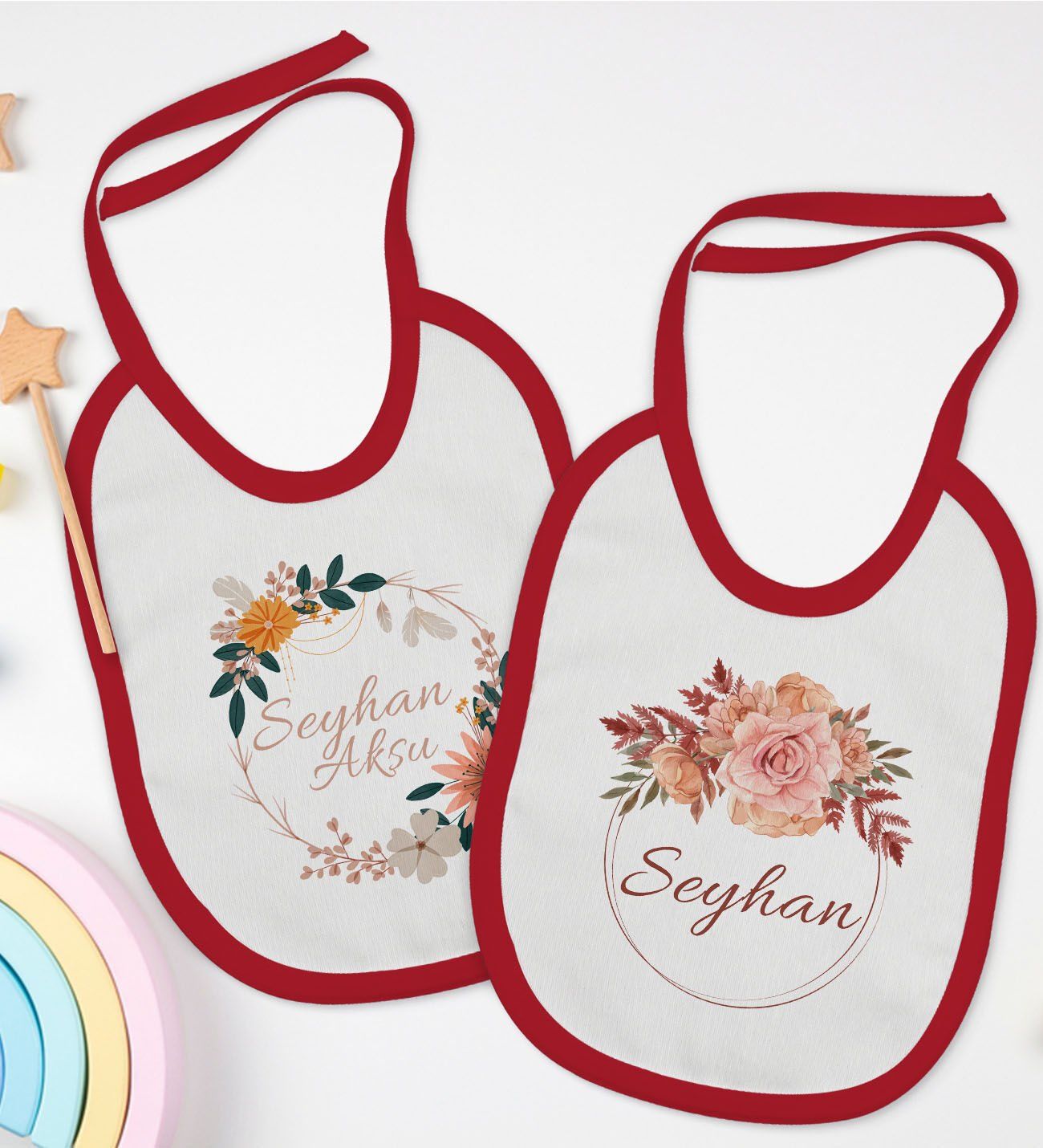 BK Kids Kişiye Özel Çiçek Tasarımlı 2’li Kırmızı Mama Önlüğü-3