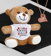 Kişiye Özel Sevgililer Temalı Peluş Ayıcık ve Rose Kalp Kolye Set - 82