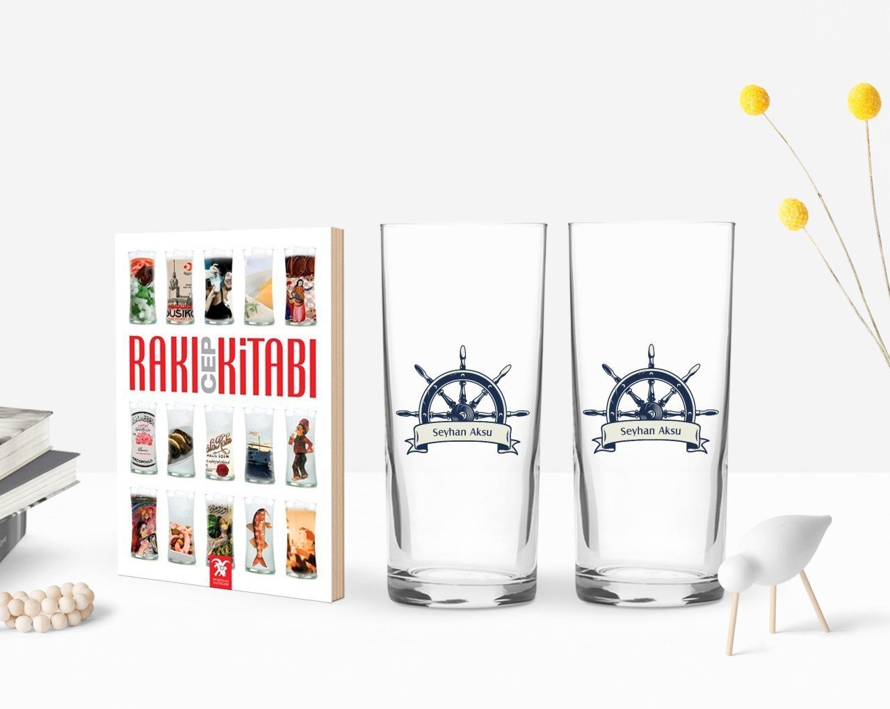 Kişiye Özel Renkli Baskılı Dümen Figürlü İkili Rakı Bardağı ve Rakı Cep Kitabı Hediye Seti-1
