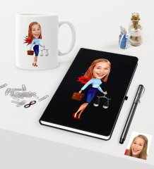 Kişiye Özel Bayan Avukat Karikatürlü Siyah Defter Kalem Kupa Seti - 3
