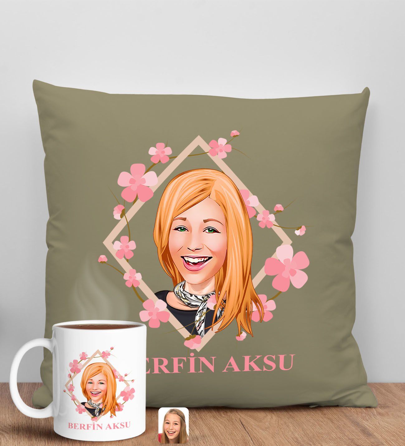 BK Gift Kişiye Özel Karikatürlü Anneler Günü Tasarımlı Haki Kırlent Yastık ve Kupa Seti, Anneye Hediye, Ev Dekorasyonu, Anneler Günü Hediyesi-4