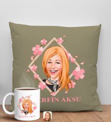 BK Gift Kişiye Özel Karikatürlü Anneler Günü Tasarımlı Haki Kırlent Yastık ve Kupa Seti, Anneye Hediye, Ev Dekorasyonu, Anneler Günü Hediyesi-4