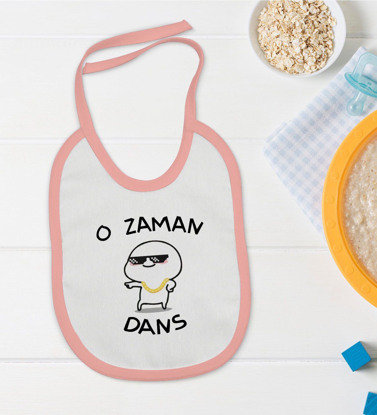 BK Kids O Zaman Dans Tasarımlı Pembe Bebek Mama Önlüğü-1