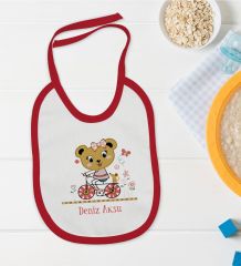 BK Kids Kişiye Özel Sevimli Ayı Tasarımlı Kırmızı Bebek Mama Önlüğü-2