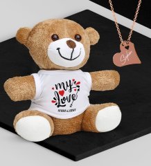Kişiye Özel Sevgililer Temalı Peluş Ayıcık ve Rose Kalp Kolye Set - 81