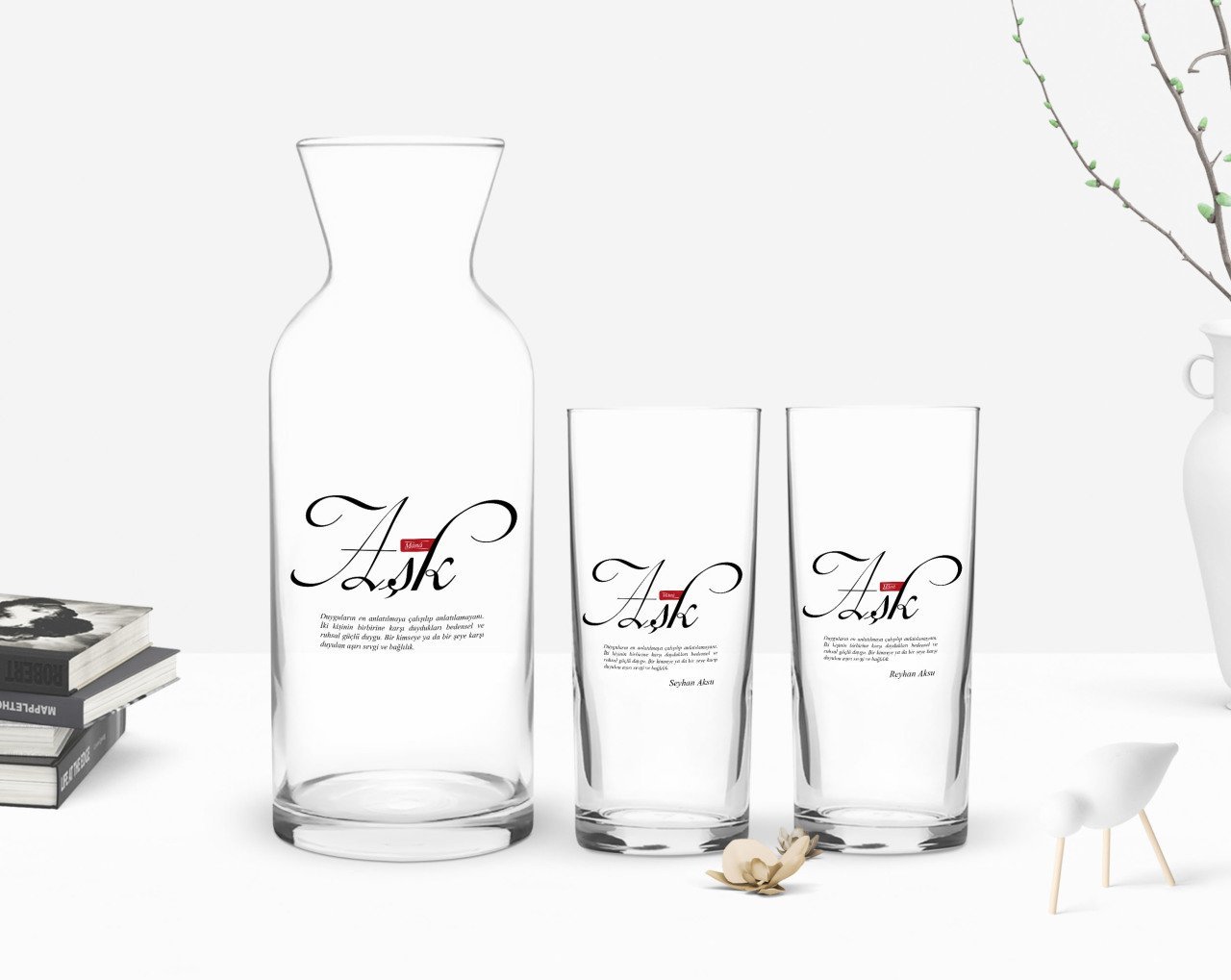 Kişiye Özel Renkli Baskılı Mânâ Aşk Tasarımlı İkili Rakı Bardağı ve Karaf Hediye Seti-1