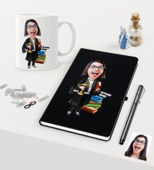 Kişiye Özel Bayan Avukat Karikatürlü Siyah Defter Kalem Kupa Seti - 2