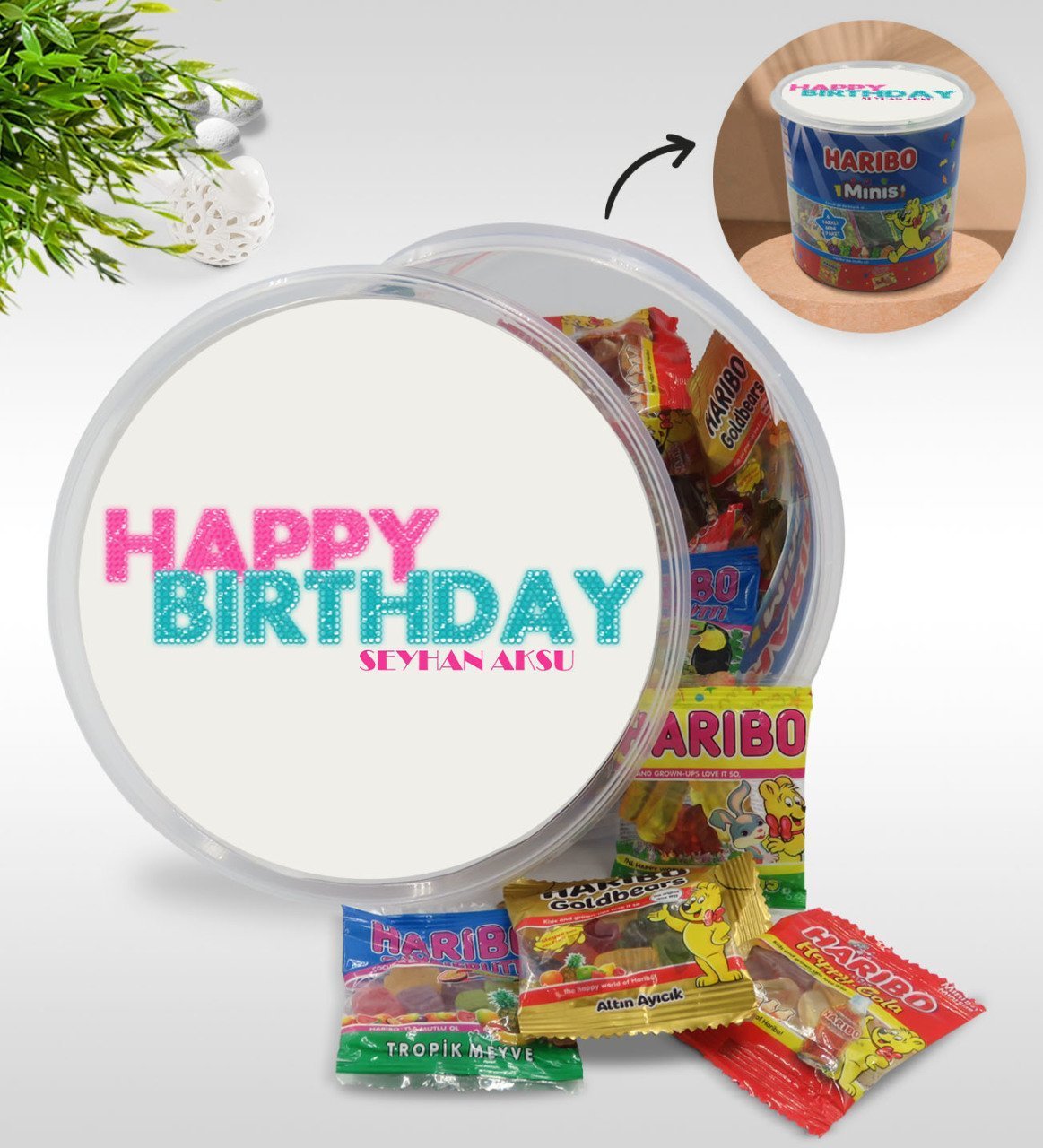 Kişiye Özel İsimli Happy Birthday Tasarımlı Dev Boy Haribo Minis Kovası (10gx100adet)