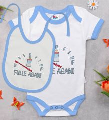 BK Kids Fulle Aganı Tasarımlı Mavi Bebek Body Zıbın ve Mama Önlüğü Hediye Seti-1