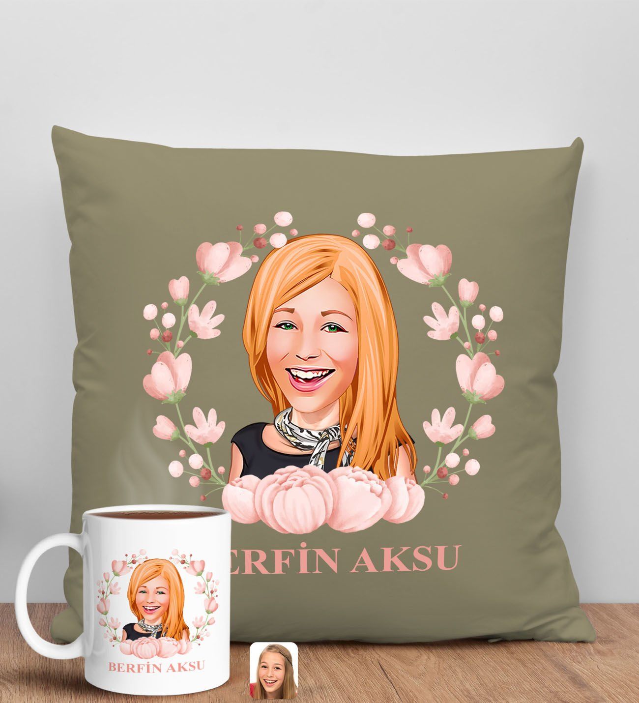 BK Gift Kişiye Özel Karikatürlü Anneler Günü Tasarımlı Haki Kırlent Yastık ve Kupa Seti, Anneye Hediye, Ev Dekorasyonu, Anneler Günü Hediyesi-3