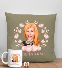BK Gift Kişiye Özel Karikatürlü Anneler Günü Tasarımlı Haki Kırlent Yastık ve Kupa Seti, Anneye Hediye, Ev Dekorasyonu, Anneler Günü Hediyesi-3