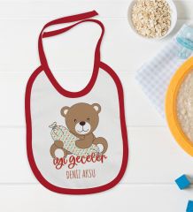 BK Kids Kişiye Özel Sevimli Ayı Tasarımlı Kırmızı Bebek Mama Önlüğü-1
