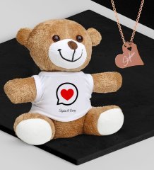 Kişiye Özel Sevgililer Temalı Peluş Ayıcık ve Rose Kalp Kolye Set - 80