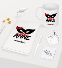Kişiye Özel Süper Anne Beyaz Defter Kalem Kupa Ayna Seti - 1