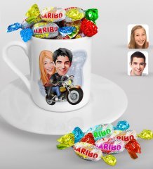 Kişiye Özel Sevgililer Karikatürlü Türk Kahvesi Fincanı ve Haribo Şeker Hediye Seti-17