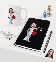 Kişiye Özel Bayan Avukat Karikatürlü Siyah Defter Kalem Kupa Seti - 1