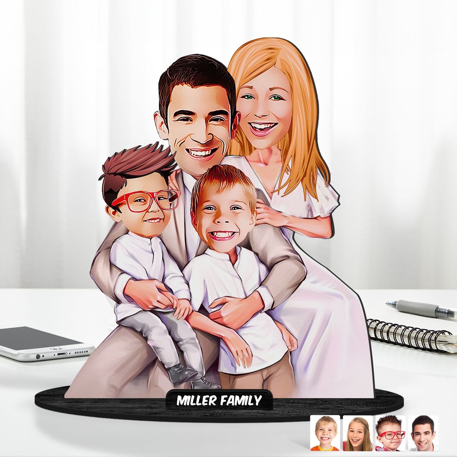 Kişiye Özel Aile Karikatürlü Ahşap Biblo Model-23 Babaya Hediye, Anneye Hediye, Ev Hediyesi