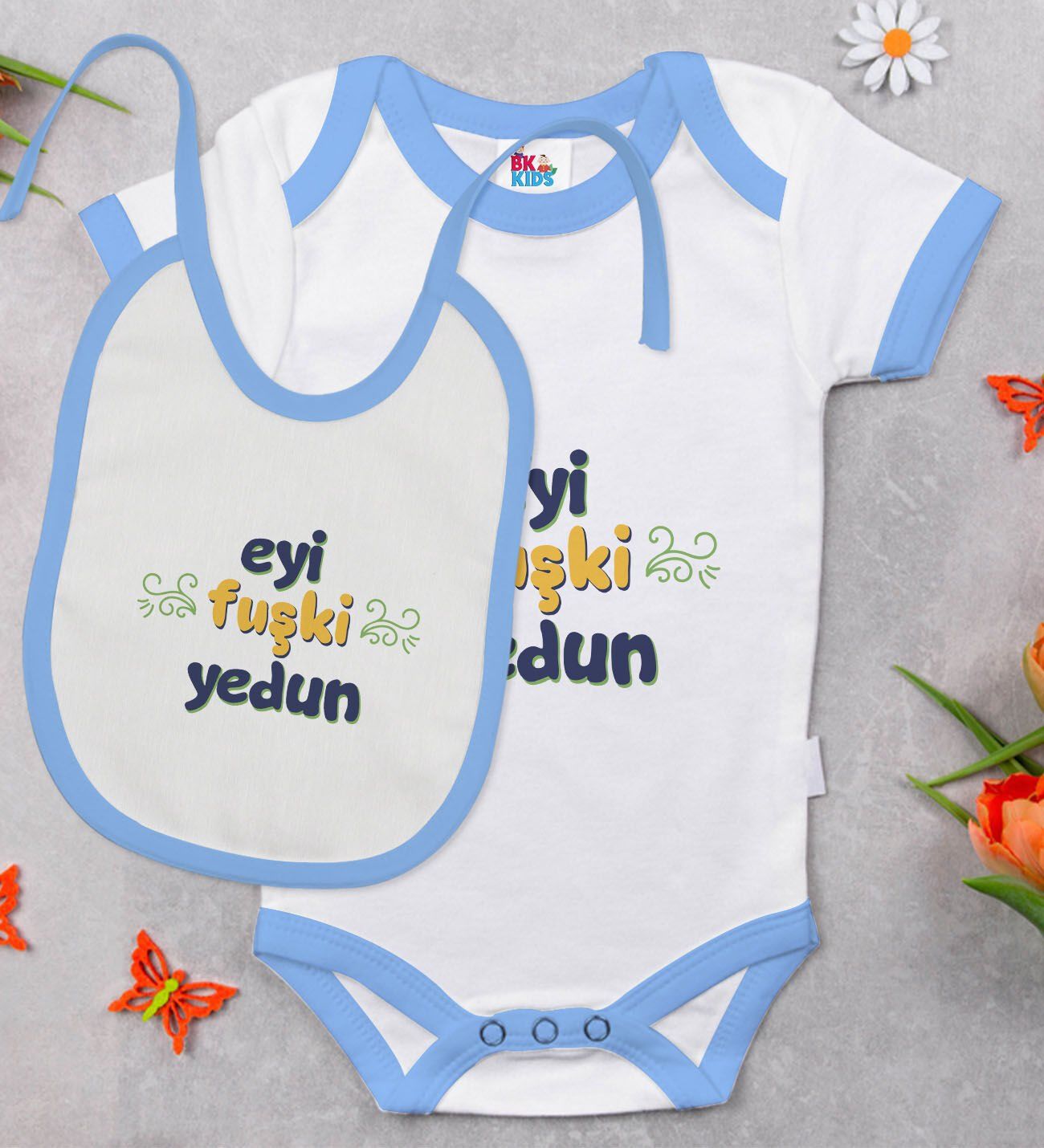 BK Kids Eyi Fuşki Yedun Tasarımlı Mavi Bebek Body Zıbın ve Mama Önlüğü Hediye Seti-1