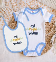 BK Kids Eyi Fuşki Yedun Tasarımlı Mavi Bebek Body Zıbın ve Mama Önlüğü Hediye Seti-1
