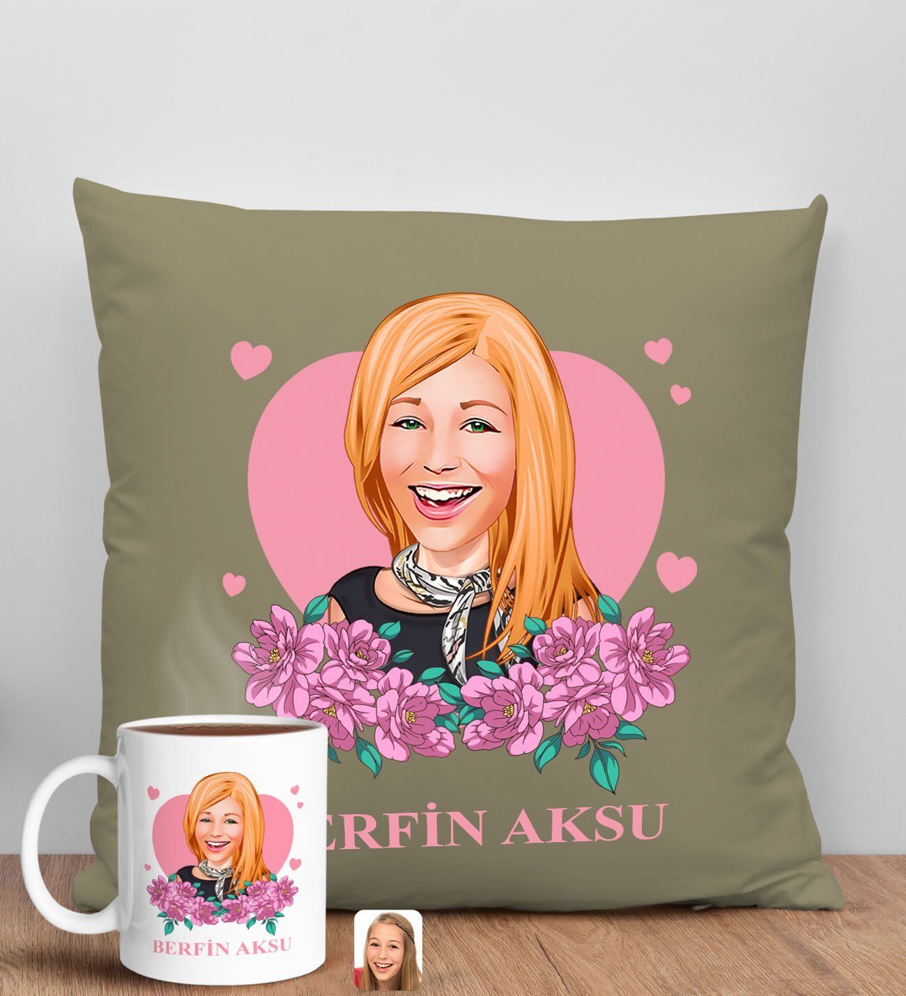 BK Gift Kişiye Özel Karikatürlü Anneler Günü Tasarımlı Haki Kırlent Yastık ve Kupa Seti, Anneye Hediye, Ev Dekorasyonu, Anneler Günü Hediyesi-2