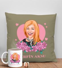 BK Gift Kişiye Özel Karikatürlü Anneler Günü Tasarımlı Haki Kırlent Yastık ve Kupa Seti, Anneye Hediye, Ev Dekorasyonu, Anneler Günü Hediyesi-2