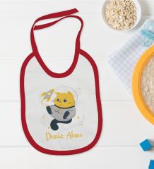BK Kids Kişiye Özel Sevimli Astronot Tasarımlı Kırmızı Bebek Mama Önlüğü-4