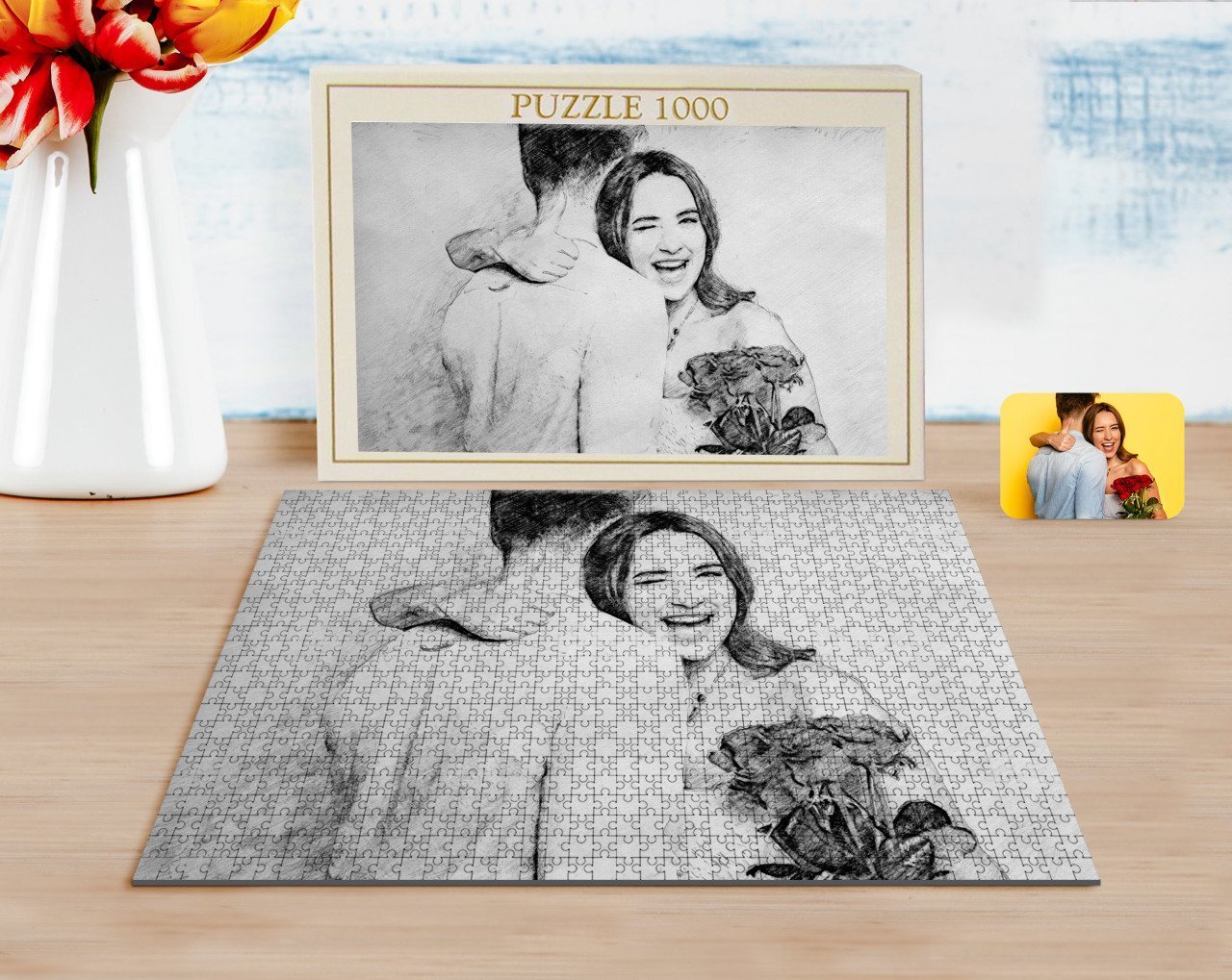 Kişiye Özel Karakalem Tasarımlı 1000 Parça Profesyonel Puzzle