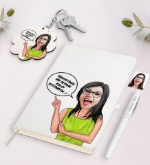 Kişiye Özel Kadın Kolay Yetişmiyor Karikatürlü Beyaz Defter Kalem ve Anahtarlık Hediye Seti-5