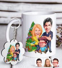 Kişiye Özel Yeni Yıl Aile Karikatürlü Beyaz Kupa ve Anahtarlık Hediye Seti-3