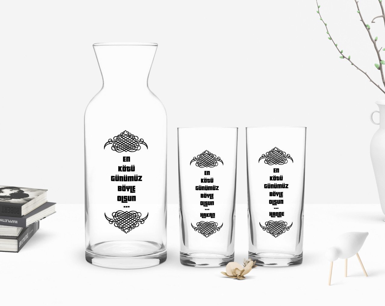 Kişiye Özel Renkli Baskılı En Kötü Günümüz Böyle Olsun Tasarımlı İkili Rakı Bardağı ve Karaf Hediye Seti-2