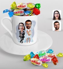Kişiye Özel Sevgililer Karikatürlü Türk Kahvesi Fincanı ve Haribo Şeker Hediye Seti-16