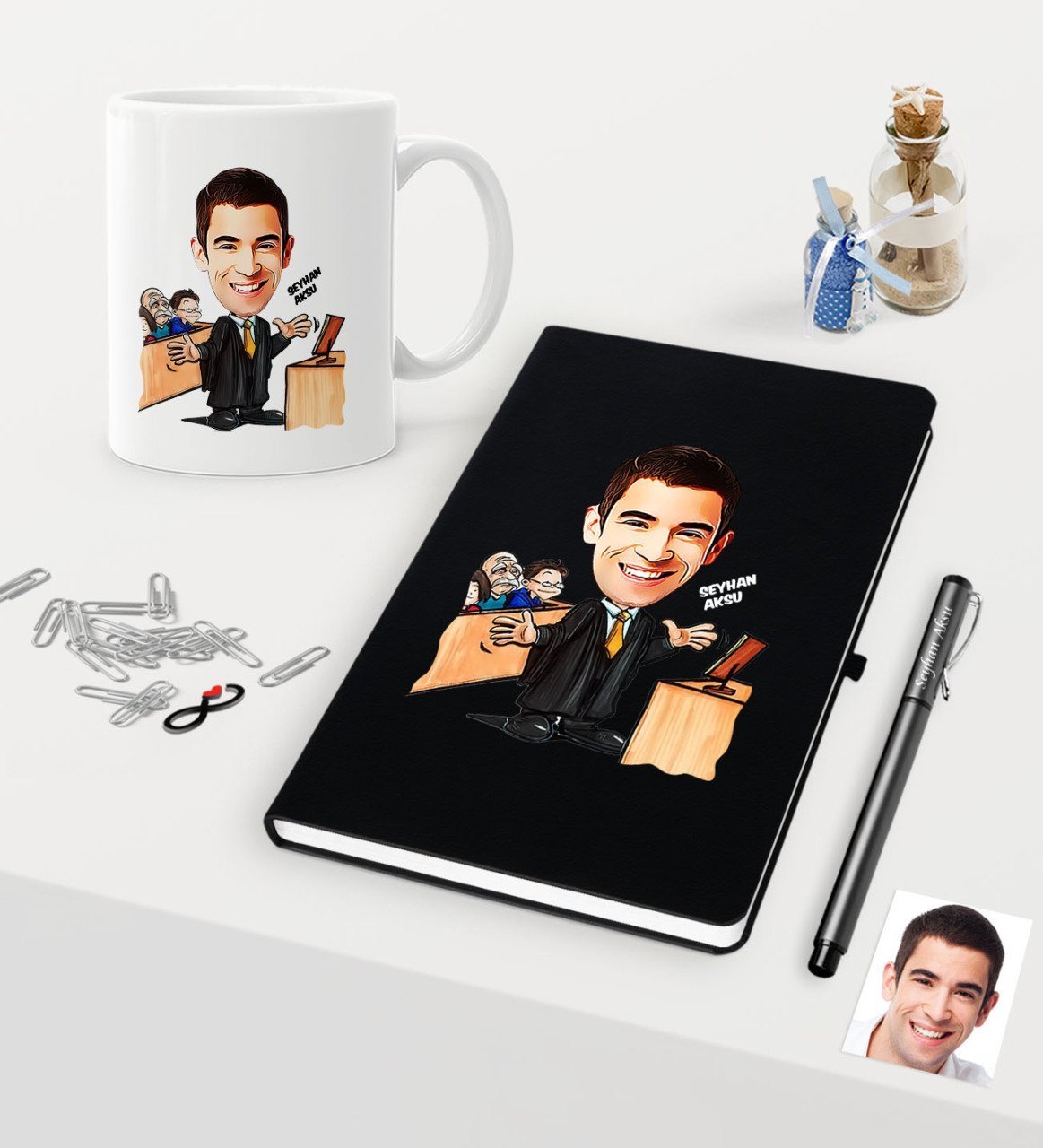 Kişiye Özel Bay Avukat Karikatürlü Siyah Defter Kalem Kupa Seti - 3