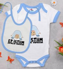 BK Kids Ep İstiim Zıpırlık Tasarımlı Mavi Bebek Body Zıbın ve Mama Önlüğü Hediye Seti-1