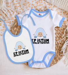 BK Kids Ep İstiim Zıpırlık Tasarımlı Mavi Bebek Body Zıbın ve Mama Önlüğü Hediye Seti-1
