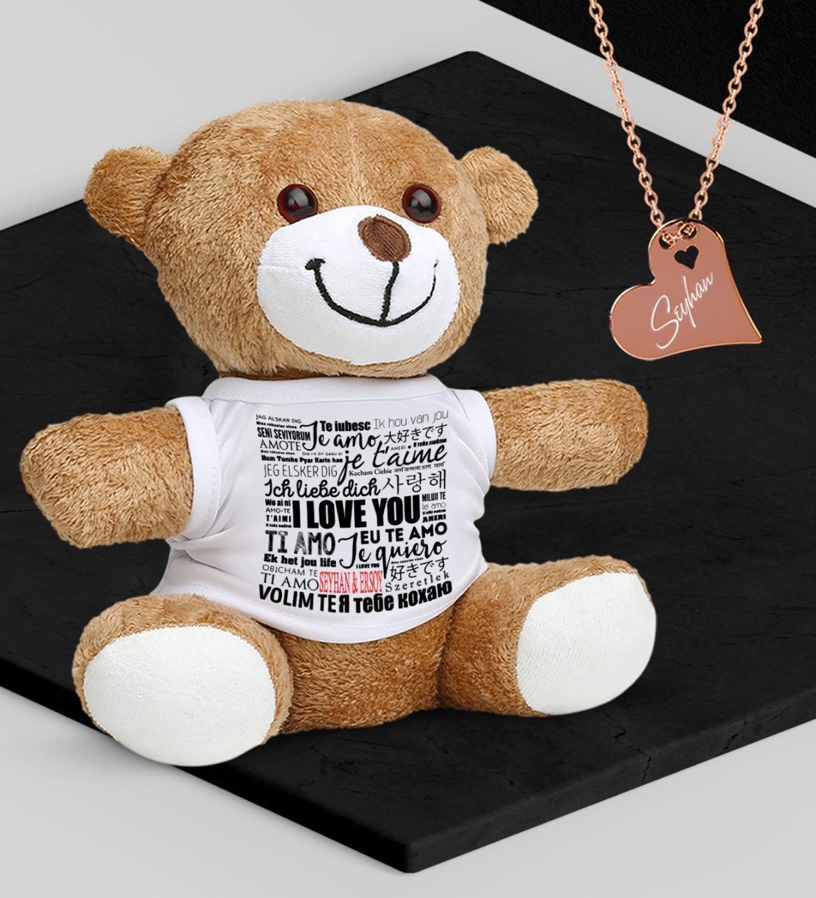 Kişiye Özel Sevgililer Temalı Peluş Ayıcık ve Rose Kalp Kolye Set - 78