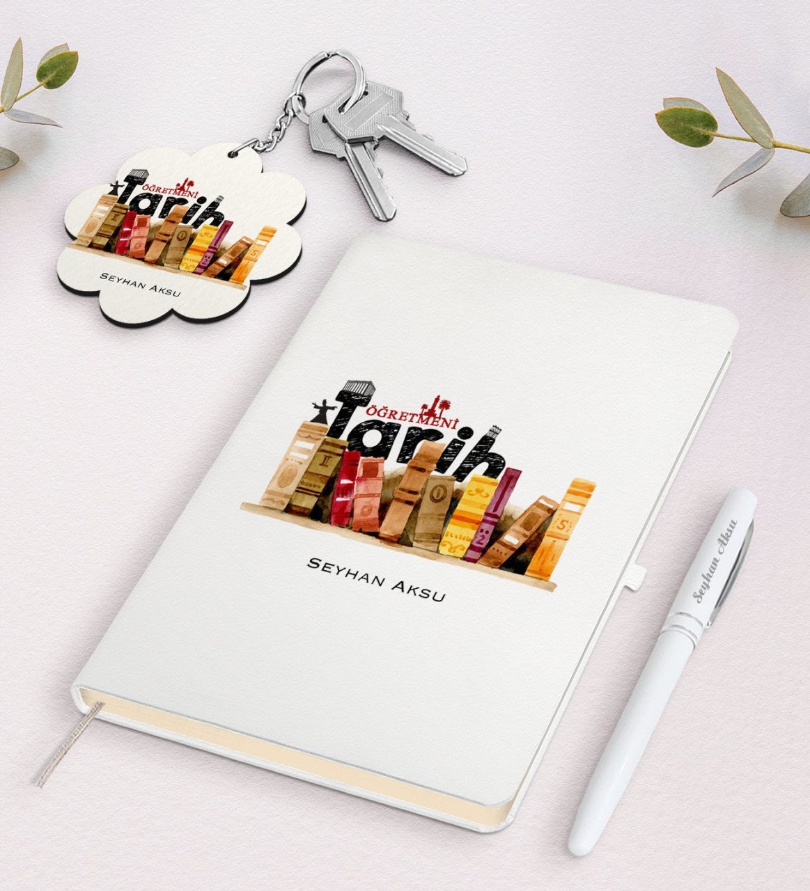 Kişiye Özel Tarih Öğretmeni Beyaz Defter Kalem ve Anahtarlık Hediye Seti-2