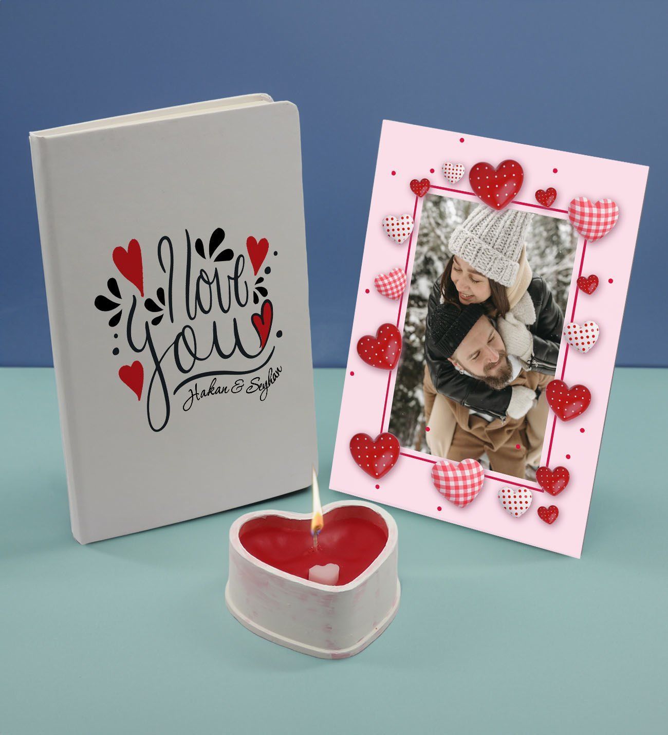 BK Gift Sevgililere Özel Beyaz Defter Dekoratif Çerçeve ve Kalp Taş Obje Kokulu Mum Hediye Seti-13, Sevgiliye Hediye, Sevgililer Günü